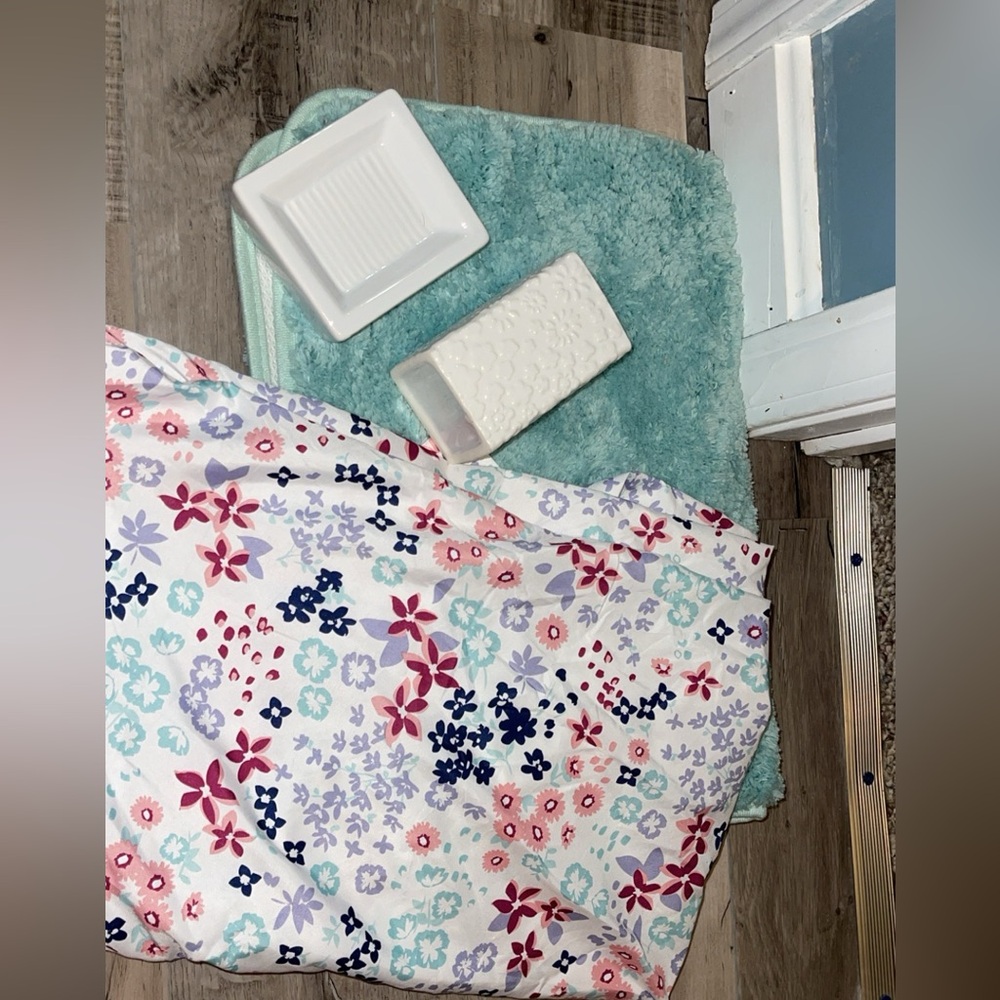 Bathroom shower curtain, mat, soap holder, tooth brush holder